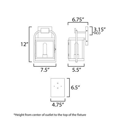 Maxim Lighting 30801CLBK Bonham Outdoor Wall Sconce dimensions diagram - 12 inch height, 7.5 inch width, 6.75 inch depth