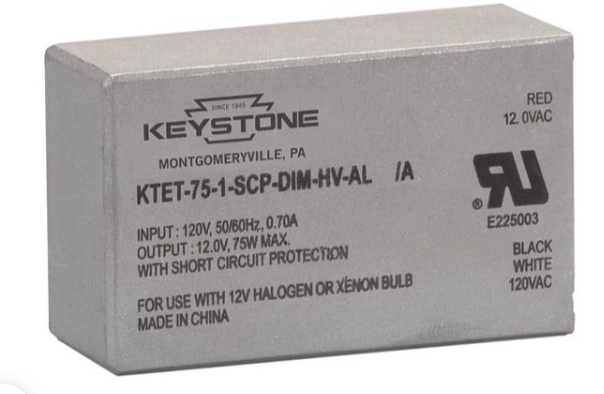 Keystone KTET-75-1-SCP-DIM-HV-AL /A-DP 75W Low Voltage Halogen Transformer, 120V input, 12V output, with double sided adhesive strip