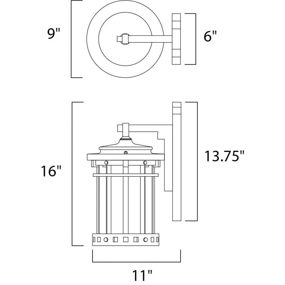 Maxim Lighting 3144MOSE Santa Barbara Dark Sky Outdoor Wall Lantern dimensions diagram showing 16 inch height and 11 inch width