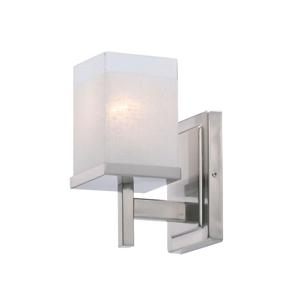 Maxim Lighting 2151LNSN Tetra 1 Light Satin Nickel Bath Vanity Wall Light with white linen glass shade - front angle view