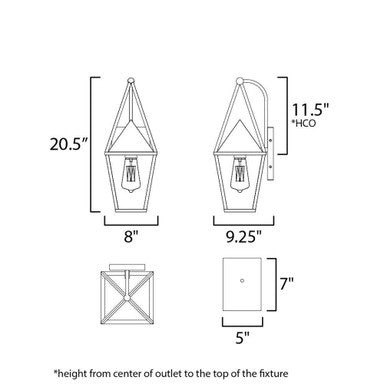 Maxim Lighting 3164CLBK Bavaria Outdoor Wall Lantern Dimension Diagram 20.5 inch Height 8 inch Width