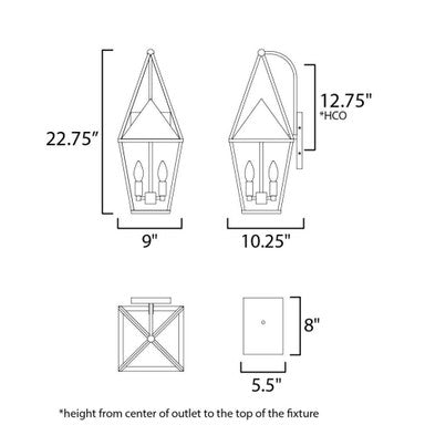 Maxim Lighting 3166CLBK Bavaria 2 Light Black Outdoor Wall Sconce - Dimensions Diagram