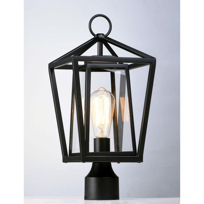 Maxim Lighting 3171CLBK Artisan 1 Light Black Outdoor Post Lamp with clear glass panels and frame-inside-frame design - angled view