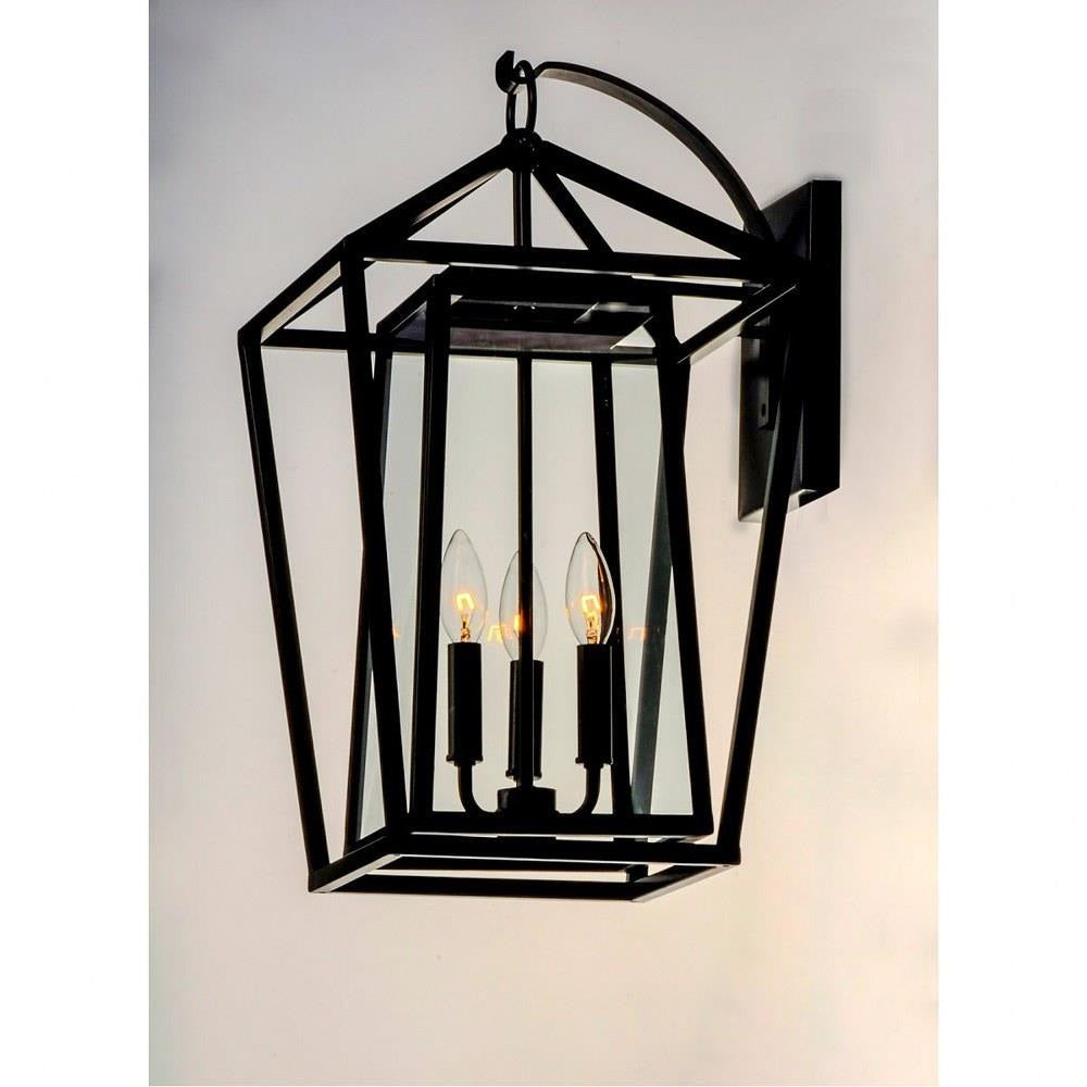 Maxim Lighting 3176CLBK Artisan 3 Light 12 Inch Black Outdoor Wall Lantern - lit view on wall