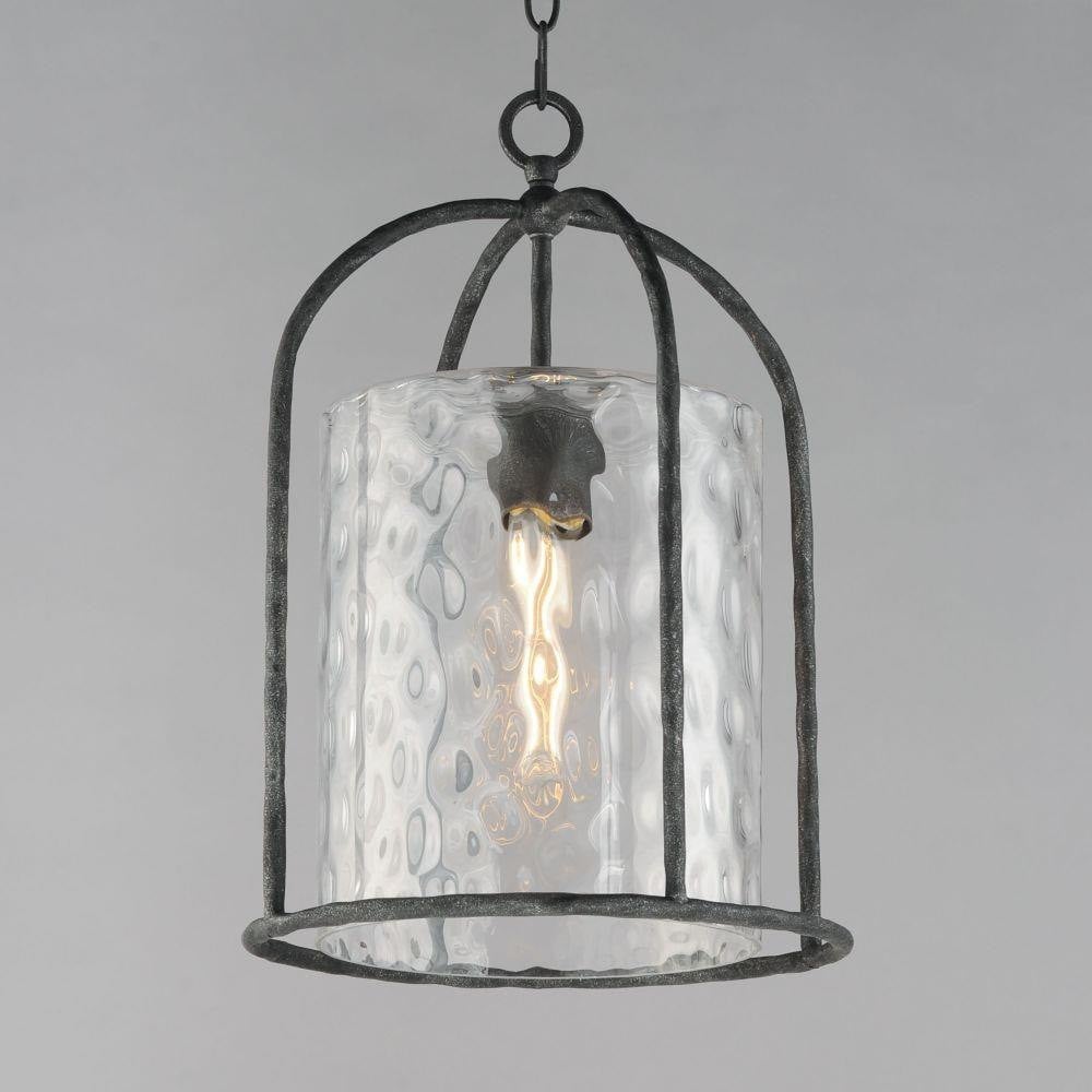 Maxim Lighting 31843WGBS Del Mar Outdoor Pendant detail showing arched open-frame silhouette and Water Glass shade in Blacksmith finish