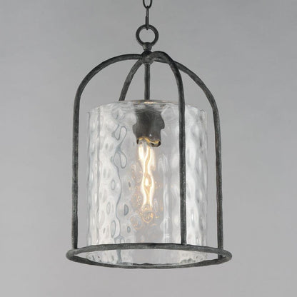 Maxim Lighting 31843WGBS Del Mar Outdoor Pendant detail showing arched open-frame silhouette and Water Glass shade in Blacksmith finish