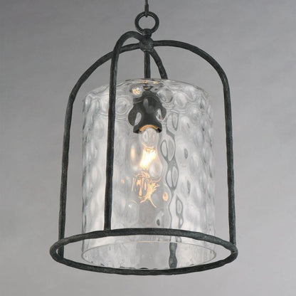 Maxim Lighting 31843WGBS Del Mar Outdoor Pendant close-up showing Water Glass shade and Blacksmith hammered iron frame