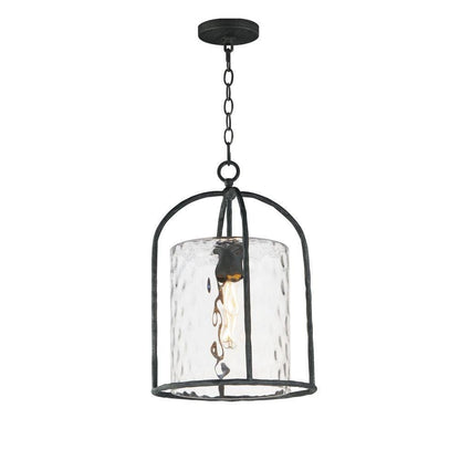 Maxim Lighting 31843WGBS Del Mar 1 Light Outdoor Pendant in Blacksmith with Water Glass cylinder, full view on white background