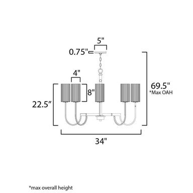 Maxim Lighting 32008SWBK Town and Country Chandelier - Dimensions Diagram: 34 Inch Wide, 22.5 Inch Fixture Height, 69.5 Inch Max OAH