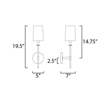 Maxim Lighting 32391OFSBRPN Uptown Wall Sconce dimension diagram showing 19.5 inch height, 5 inch width, and 7 inch shade width