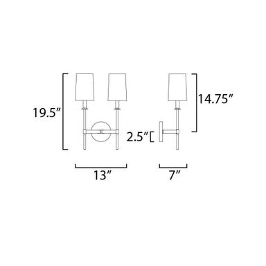 Maxim Lighting 32392OFSBRPN Uptown 2 Light Wall Sconce dimension diagram showing 19.5 inch height, 13 inch width, and 2.5 inch extension