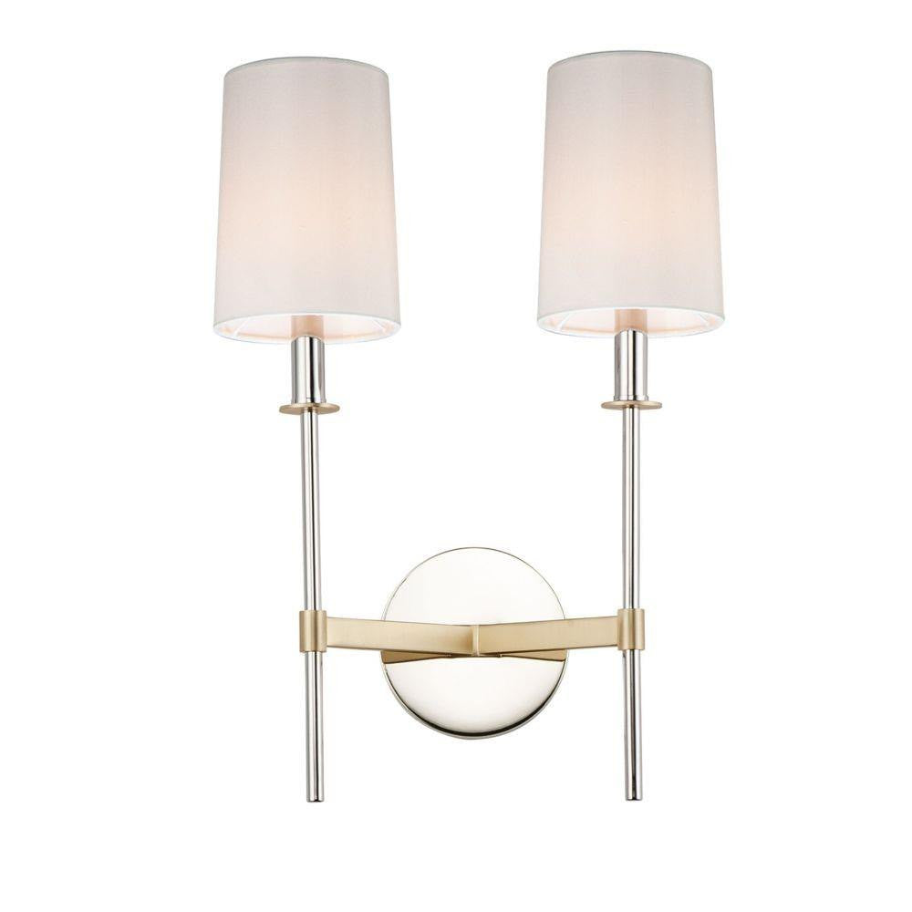 Maxim Lighting 32392OFSBRPN Uptown 2 Light Wall Sconce in Satin Brass and Polished Nickel with white fabric shades, white background