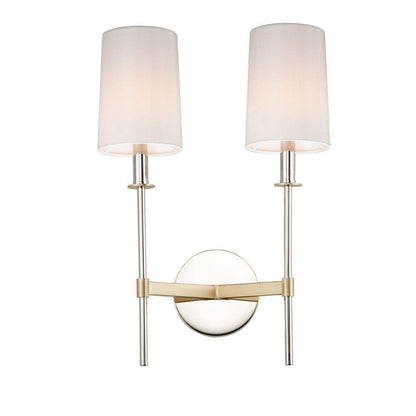 Maxim Lighting 32392OFSBRPN Uptown 2 Light Wall Sconce in Satin Brass and Polished Nickel with white fabric shades, white background