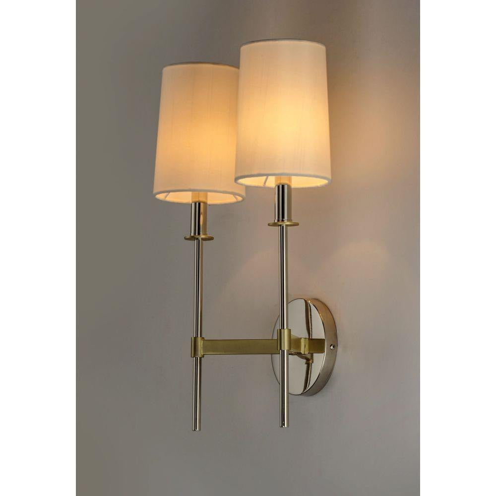Maxim Lighting 32392OFSBRPN Uptown 2 Light Wall Sconce illuminated in lifestyle setting showing warm glow through white shades