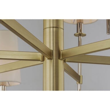 Close-up of Satin Brass arm and center body detail on Maxim Lighting 32395OFSBRPN Uptown Chandelier