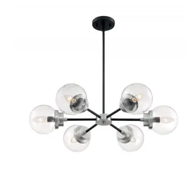 Nuvo 60-7136 Axis Series Chandelier w/ Clear Glass, 6 Lights, Wattage 60W, Matte Black & Brushed Nickel