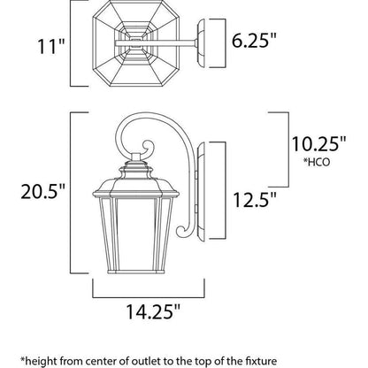 Maxim Lighting 3346WFBO Radcliffe Outdoor Wall Lantern Dimensions Diagram - 20.5 inch Height, 14.25 inch Width, 11 inch Depth