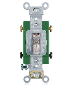 Leviton 3032-PLC 30A, 120V Toggle Pilot Light, Illuminated On, Double-pole AC Quiet Switch, Extra Heavy Duty Spec Grade, Self Grounding, Back & Side Wired, Clear