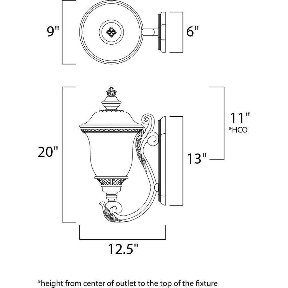 Maxim Lighting 3423WGOB Carriage House DC Outdoor Wall Lantern dimension diagram showing 9 inch width and 20 inch height
