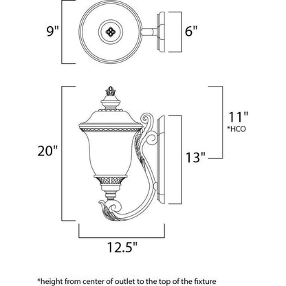 Maxim Lighting 3423WGOB Carriage House DC Outdoor Wall Lantern dimension diagram showing 9 inch width and 20 inch height