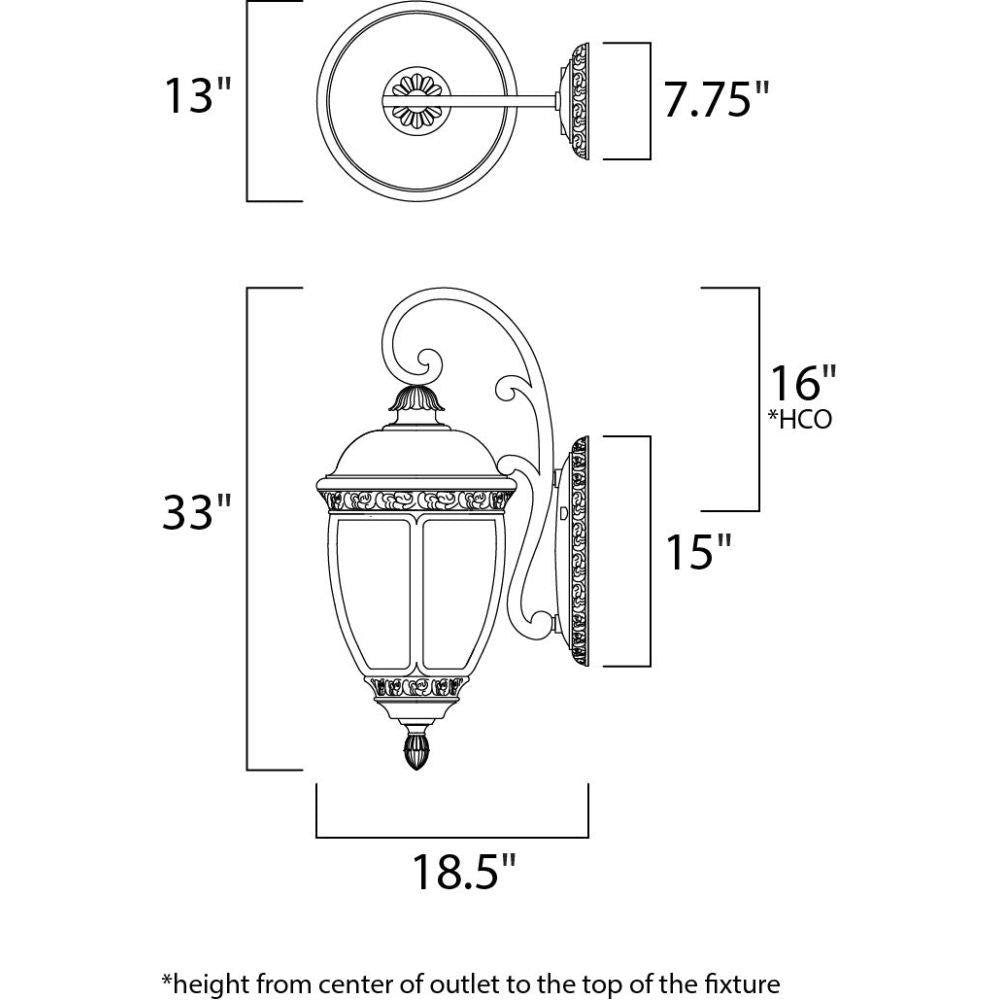 Maxim Lighting 3466CDSE Knob Hill DC Outdoor Wall Lantern dimensions diagram showing 33 inch height and 18.5 inch width
