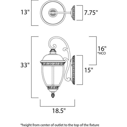 Maxim Lighting 3466CDSE Knob Hill DC Outdoor Wall Lantern dimensions diagram showing 33 inch height and 18.5 inch width