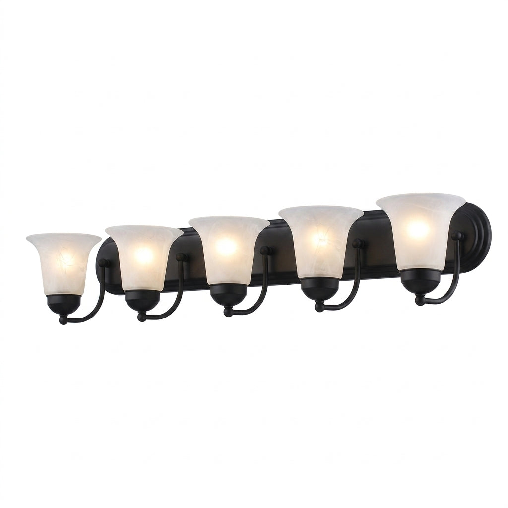 Trans Globe Lighting 3505 BK Rusty 5 light black bath vanity wall light with marbleized bell glass
