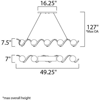 Maxim Lighting 35105CDBKPN Curlicue 5 Light Pendant - dimension diagram showing 49.25 inch width, 7.5 inch height, 16.25 inch canopy, 127 inch max overall height