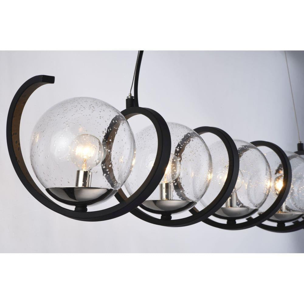 Maxim Lighting 35105CDBKPN Curlicue 5 Light Black/Polished Nickel Pendant - close-up detail of seedy glass globes and curl design