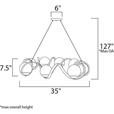 Maxim Lighting 35108CDBKPN Curlicue Pendant - Dimension Diagram Showing 35 Inch Width, 7.5 Inch Height, 6 Inch Canopy, 127 Inch Max Overall Height