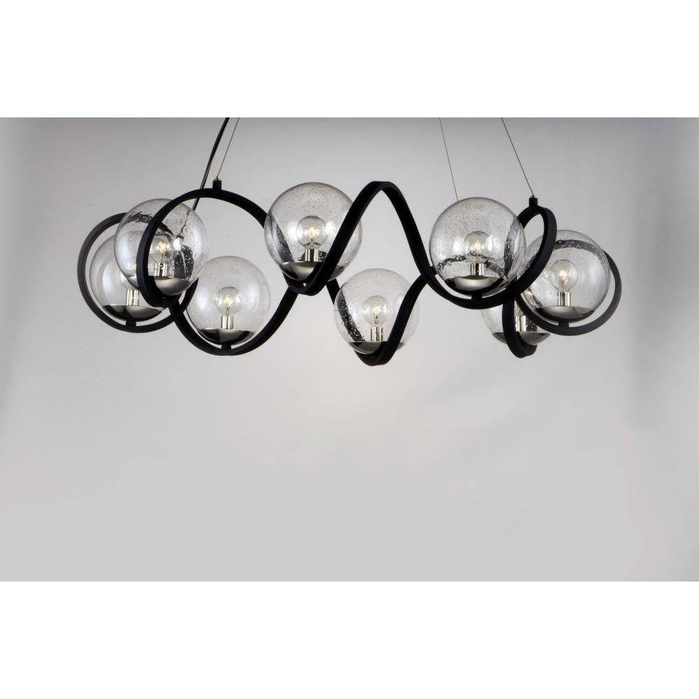 Maxim Lighting 35108CDBKPN Curlicue 8 Light Pendant - Side Profile View Showing Curvilinear Frame and Seedy Glass Globes