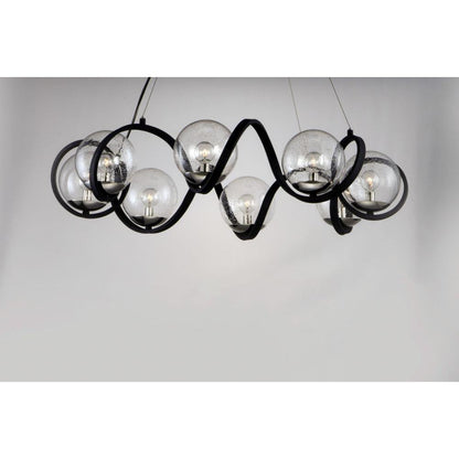 Maxim Lighting 35108CDBKPN Curlicue 8 Light Pendant - Side Profile View Showing Curvilinear Frame and Seedy Glass Globes