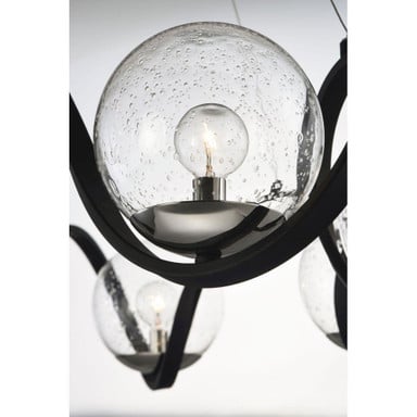 Maxim Lighting 35108CDBKPN Curlicue Pendant - Detail View of Seedy Glass Globe and Black Curvilinear Frame