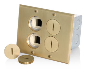 Leviton 35249-TLB 2-Gang 15A Low Vage Tamper-resistant Receptacle Floor Box Assembly, 1 Duplex Receptacle And 1 Quickport Insert, Brass