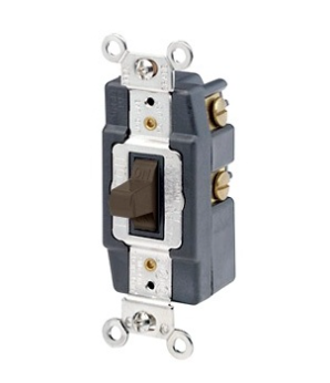 Leviton 1260 Toggle Double-Throw Momentary Contact Single-Pole AC Quiet Switch, Industrial Grade, 30A, 120/277V, Back and Side Wired, Brown