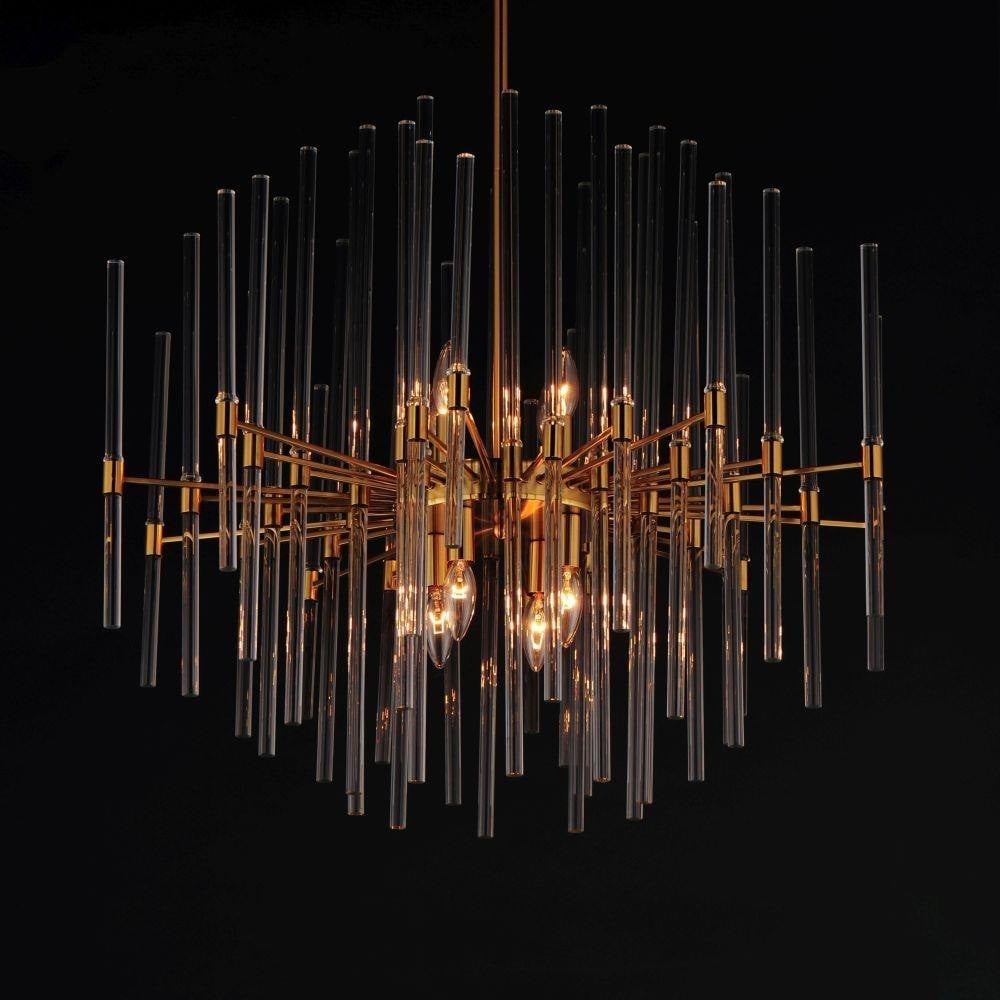 Maxim Lighting 38406CLHR Divine 8 Light Heritage Brass Pendant Ceiling Light with clear glass rods on dark background