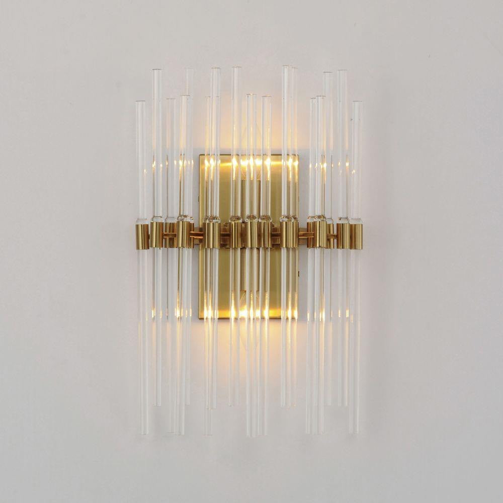 Maxim Lighting 38409CLHR Divine Wall Sconce Lit - Heritage Brass Backplate and Clear Glass Rod Detail Front View