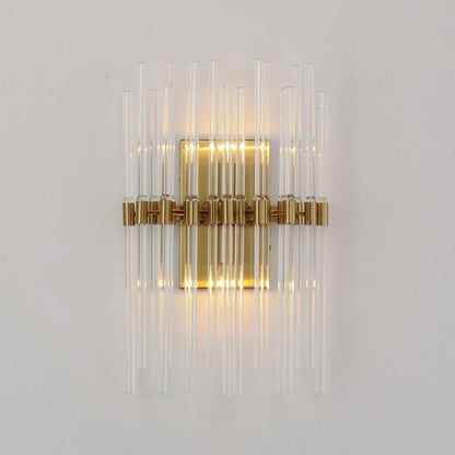 Maxim Lighting 38409CLHR Divine Wall Sconce Lit - Heritage Brass Backplate and Clear Glass Rod Detail Front View