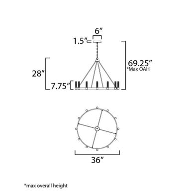 Maxim Lighting 38446IBNAB Duchess Chandelier - dimension diagram showing 28 inch height, 36 inch width, 69.25 inch max OAH