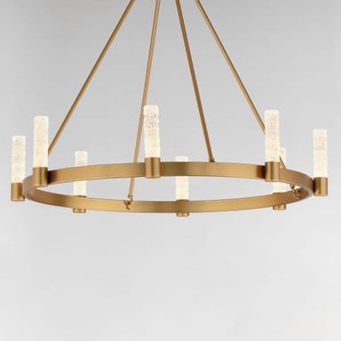 Maxim Lighting 38446IBNAB Duchess Chandelier - angled view highlighting the wagon-wheel ring and canopy in Natural Aged Brass
