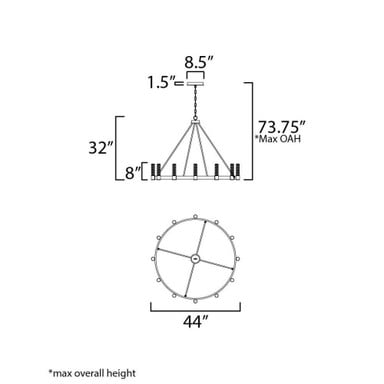 Maxim Lighting 38448IBNAB Duchess Chandelier dimensions diagram showing 44 inch width and 32 inch height