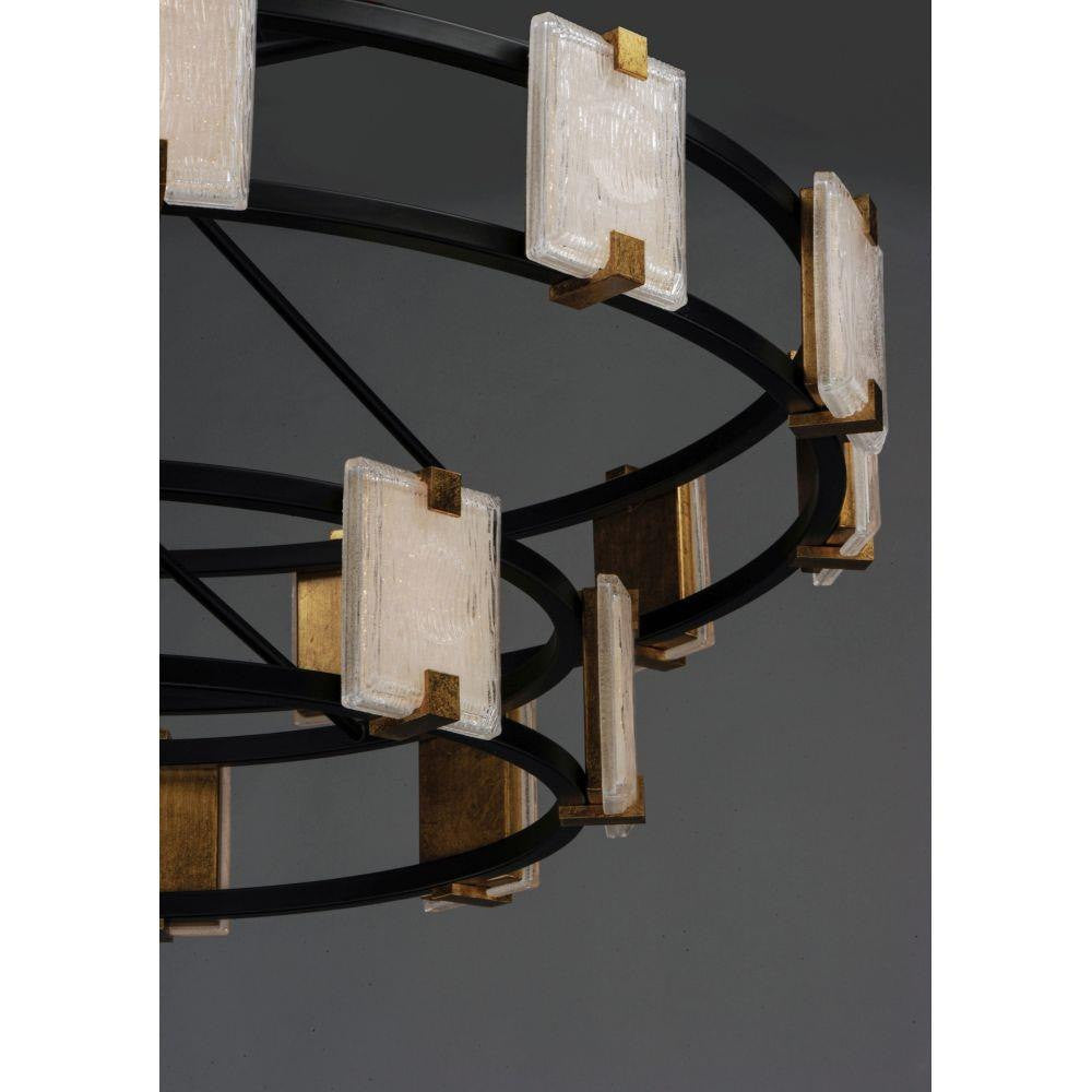 Close-up detail of Piastra glass panels and black frame on Maxim Lighting 39538CYBKGL Radiant Chandelier