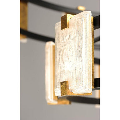 Detail view of gold leaf accent brackets and Piastra glass on Maxim Lighting 39538CYBKGL Radiant Chandelier