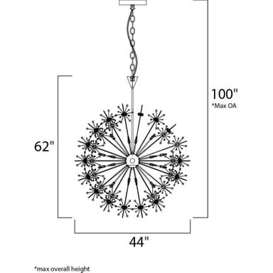 Maxim Lighting 39747BCPC Starfire 40 Light Polished Chrome Chandelier - Dimensions diagram showing 44 inch width, 62 inch height, 100 inch max overall height