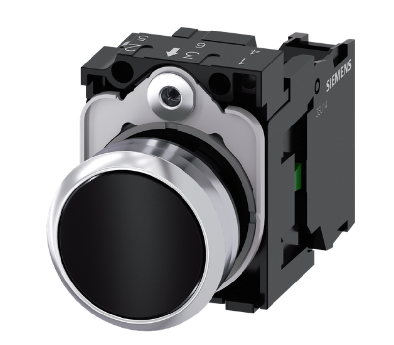 Siemens 3SU11500AB101BA0 Pushbutton, 22mm, round, metal, shiny, black, flat button, momentary contact type, with holder, 1NO, screw terminal