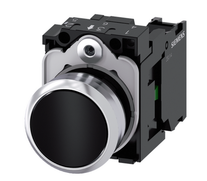 Siemens 3SU11500AB101BA0 Pushbutton, 22mm, round, metal, shiny, black, flat button, momentary contact type, with holder, 1NO, screw terminal