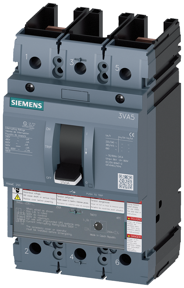 Siemens 3VA5222-6ED61-0AA0 Thermal Magnetic Circuit Breaker, MCCB, 3VA5, 2P, 65 kA, 480 V, 225 A, Without Auxiliary Contact