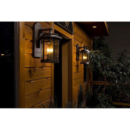 Maxim Lighting 40033CDSE Santa Barbara VX Outdoor Wall Lantern - Lifestyle Night View on Wood Exterior