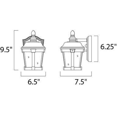 Maxim Lighting 40096CDBZ Dover VX Outdoor Wall Lantern - dimension diagram showing 9.5 inch height and 6.5 inch width