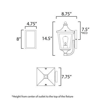 Maxim Lighting 40232CLBK Sutton Place VX 1 Light Black Outdoor Wall Lantern - Dimensions Diagram